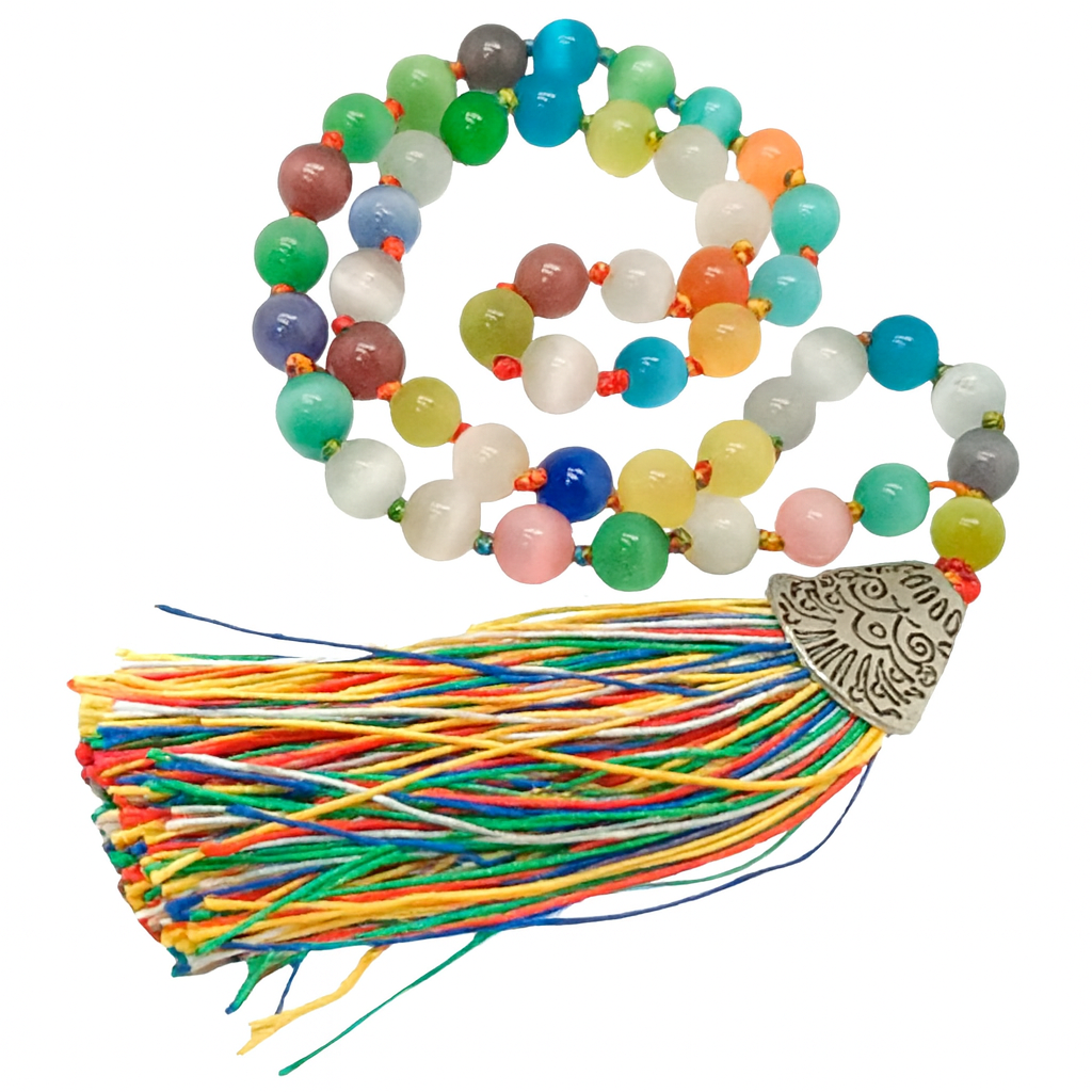 Mala de oración decorada y colorida Japa Mala de Ojo de Gato – 45 Cuentas para Códigos Sagrados - Imagen 1