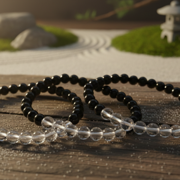 Pulsera Cuarzo Cristal y Obsidiana Negra (6mm):  Claridad y Protección