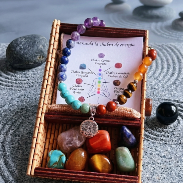 Cofre Ritual: Pulsera de los 7 Chakras & Set de Gemas Naturales