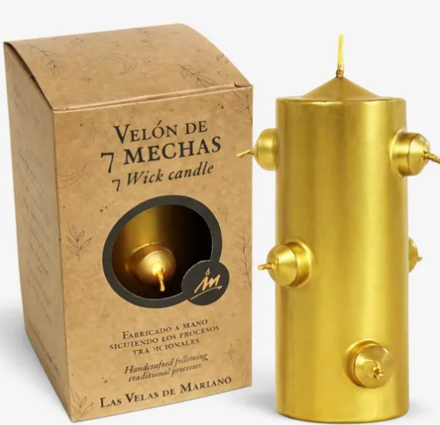 Velón de 7 Mechas Dorado: Éxito, Prosperidad y Destrucción de Obstáculos en Negocios
