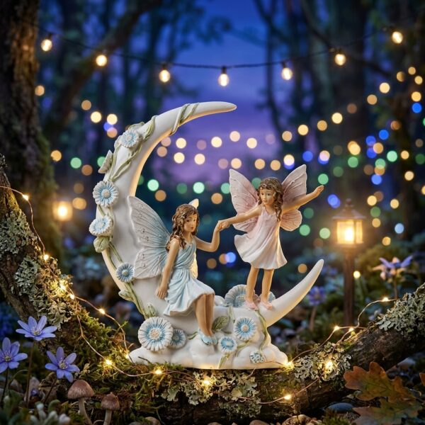 Figura de Hadas en la Luna con Flores Azules (13 cm)