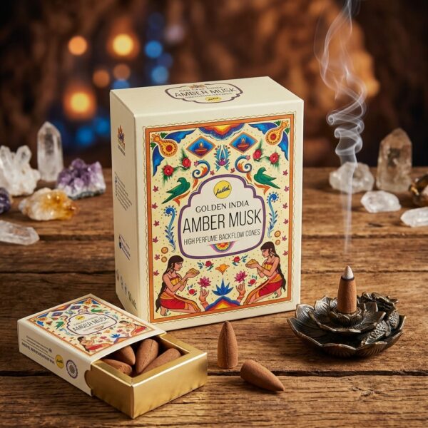 Conos de Incienso de Flujo Inverso y Quemado Normal - Ámbar Almizcle / Amber Musk (Golden India)